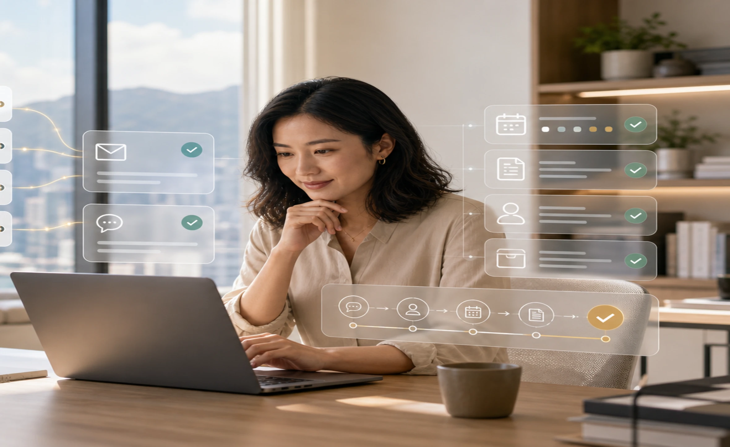 Business operator reviewing AI-handled customer messages and workflows